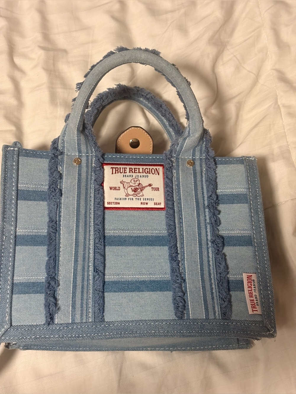 True Religion Light Blue Striped Denim Tote